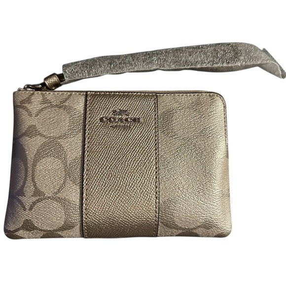 Coach F38655 Gold Metallic Signature Corner Zip With Stripe Wristlet Purse - Picture 2 of 16